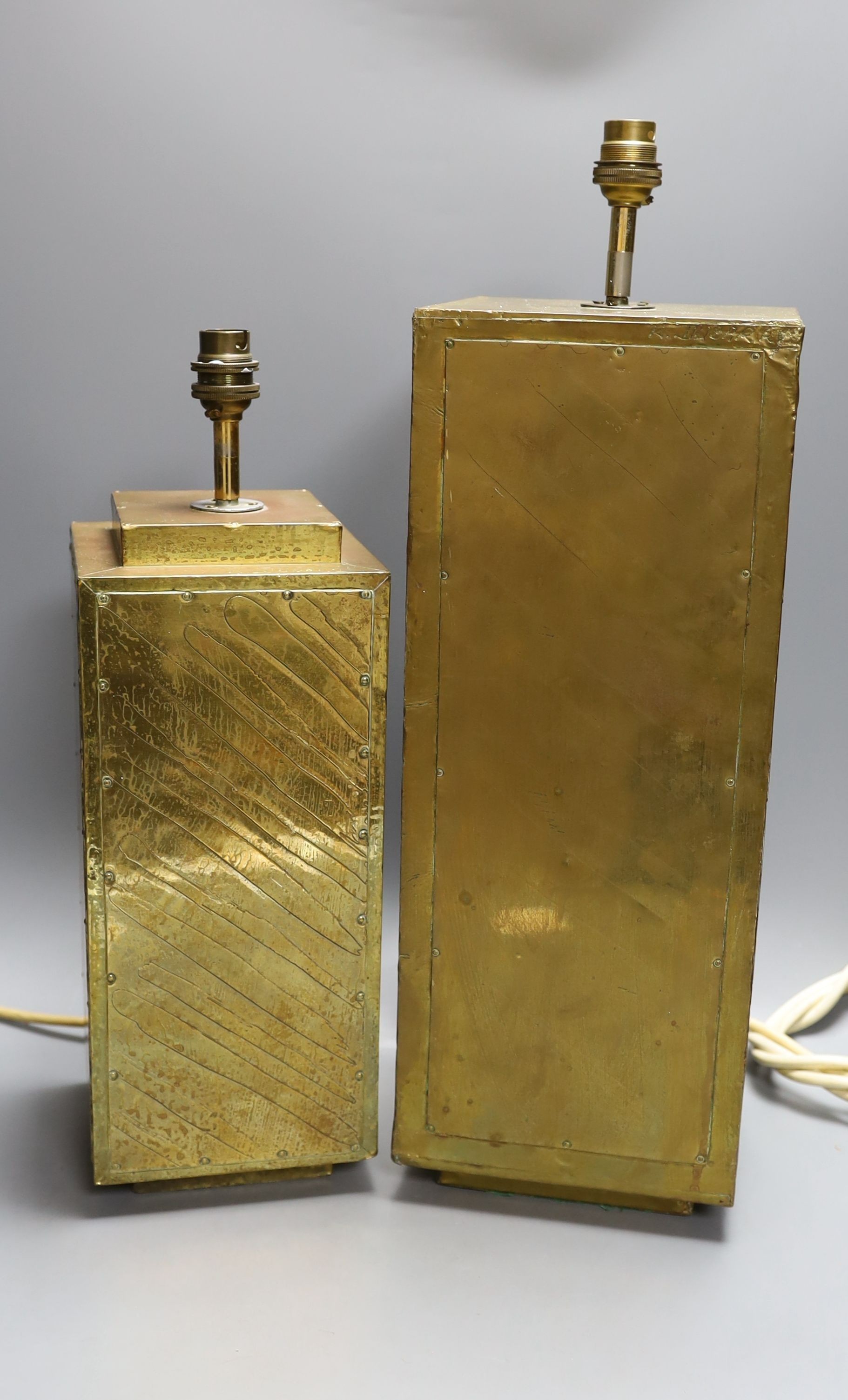 Two signed Rudolf Dubarry brass 1970's lamp bases, tallest 50cm